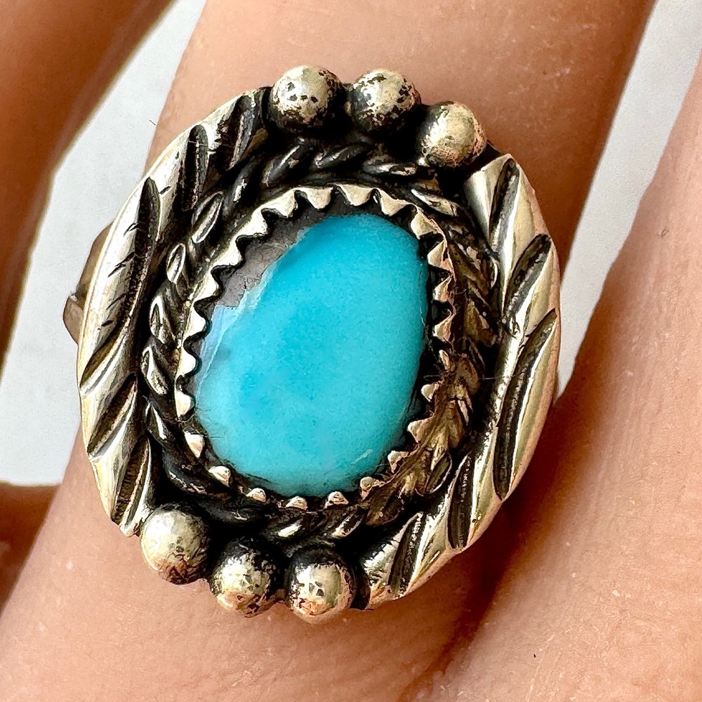 Navajo Turquoise Ring Sz 8 Sterling Begay Native American Tooled Rope Bezel